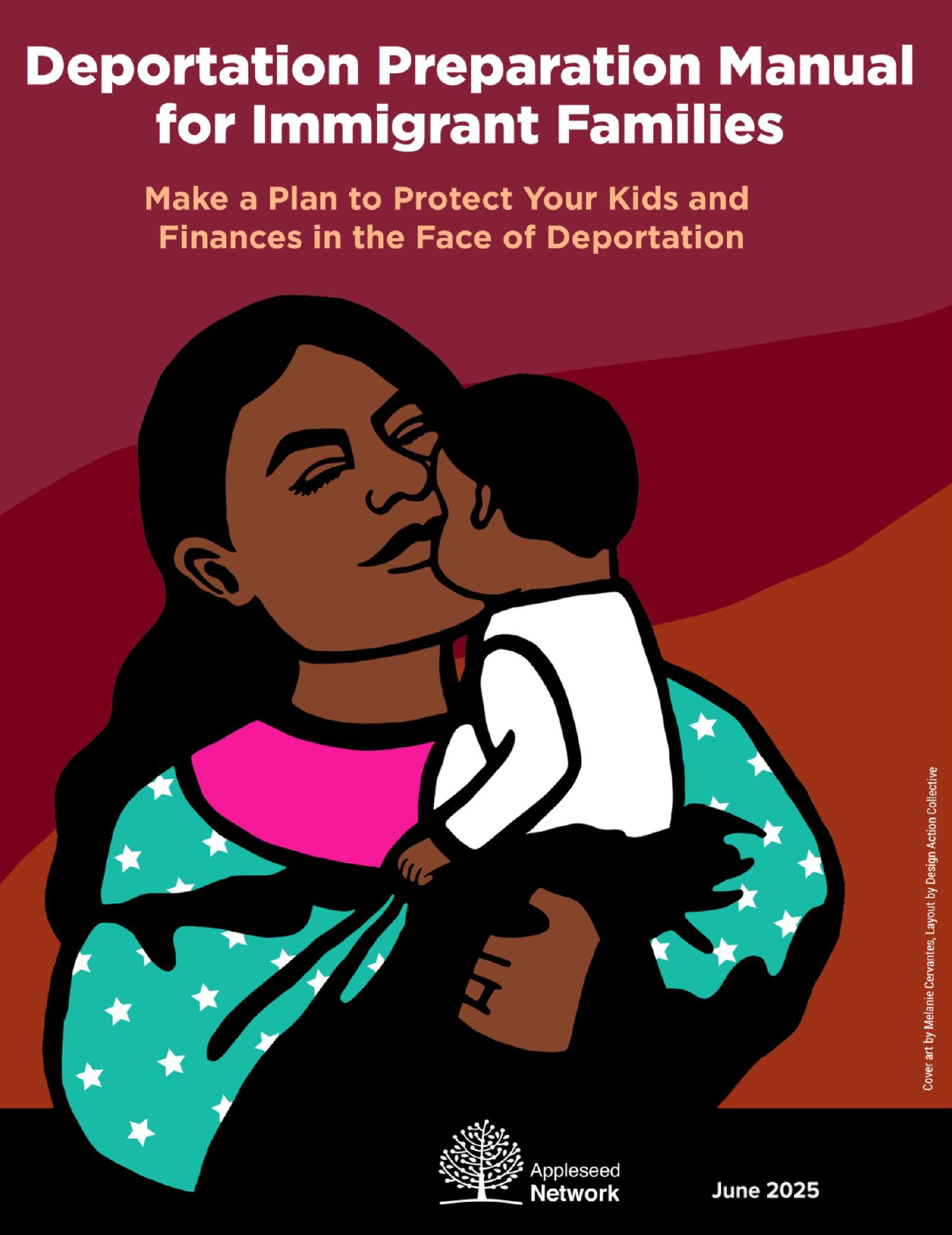 Cover of the Deportation Preparation Manual featuring a parent in green and pink with child against a dark burgundy red pattern.
